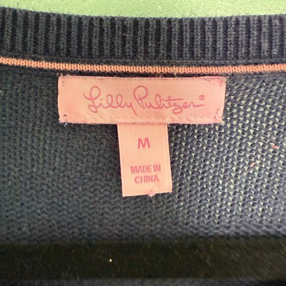 Lilly Pulitzer Adair Sweater – Size M – Pink Navy Stripe Henley Pullover Knit - Picture 3 of 10